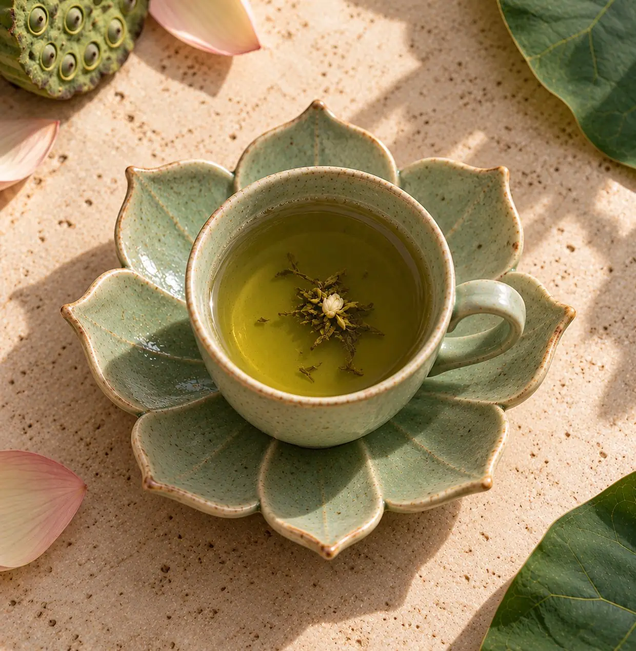 Lotus cup of green tea on an open-petal saucer, seen from above