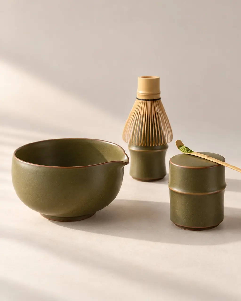 Matcha Set: spouted matcha bowl, bamboo-form whisk stand and lidded caddy in a soft green glaze
