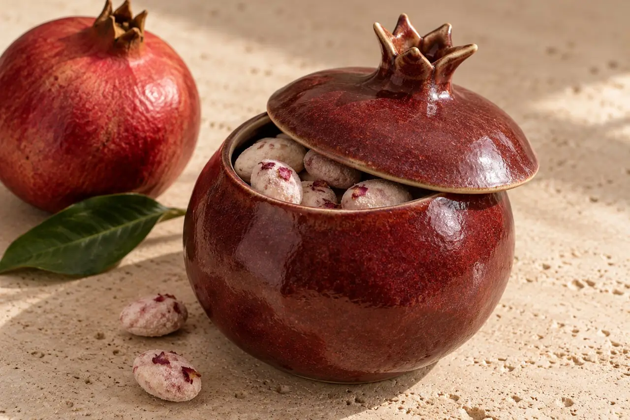 Pomegranate lidded jar filled with sugared almonds